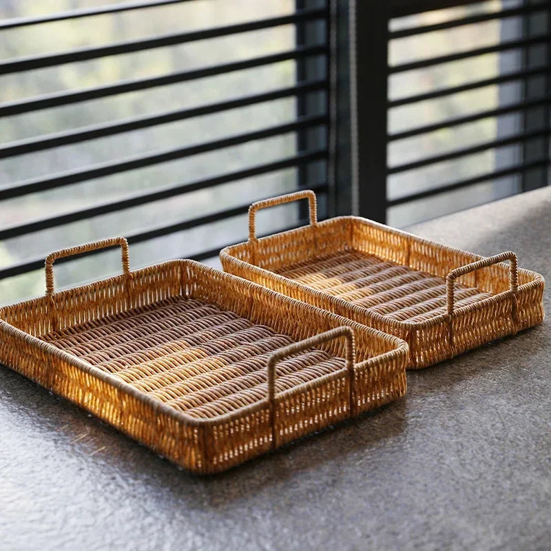 Bandeja Estilo Rattan com Alças para Servir, Decorar e Organizar