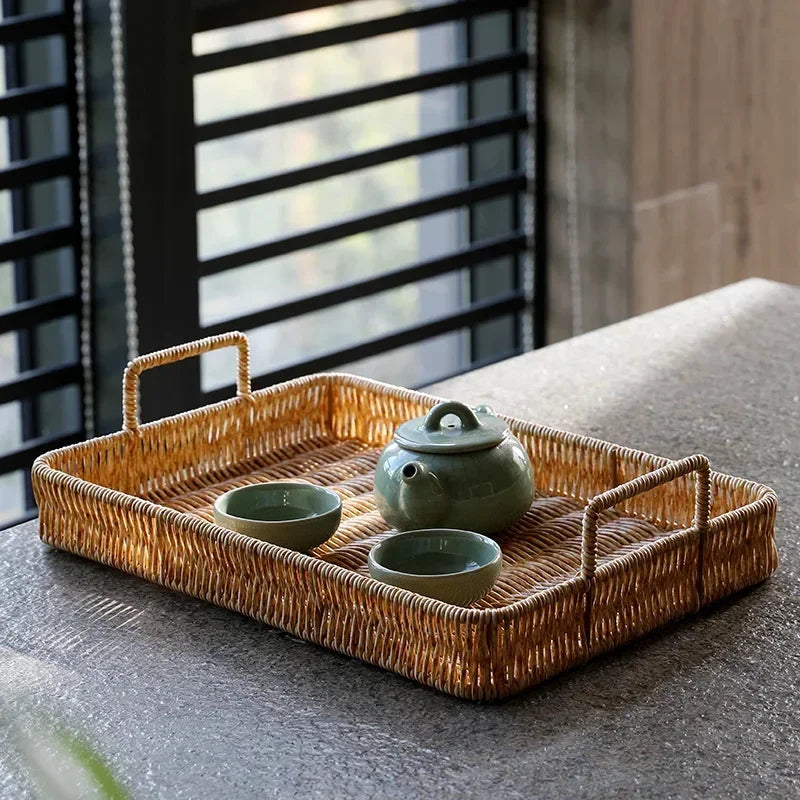 Bandeja Estilo Rattan com Alças para Servir, Decorar e Organizar