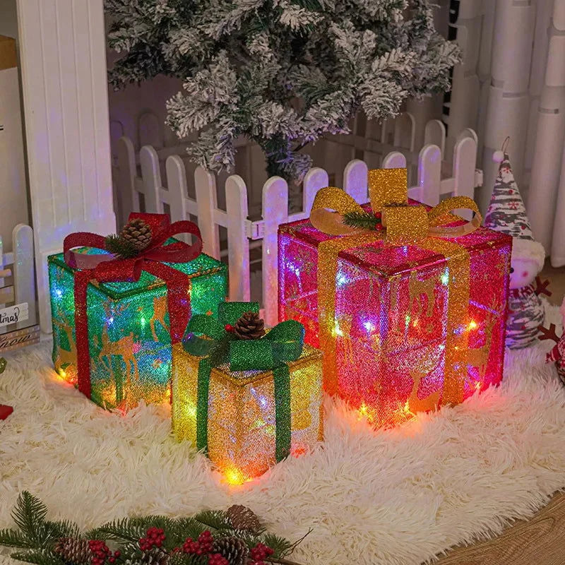 Caixa de Presente Iluminada com Laço para Decoração de Natal