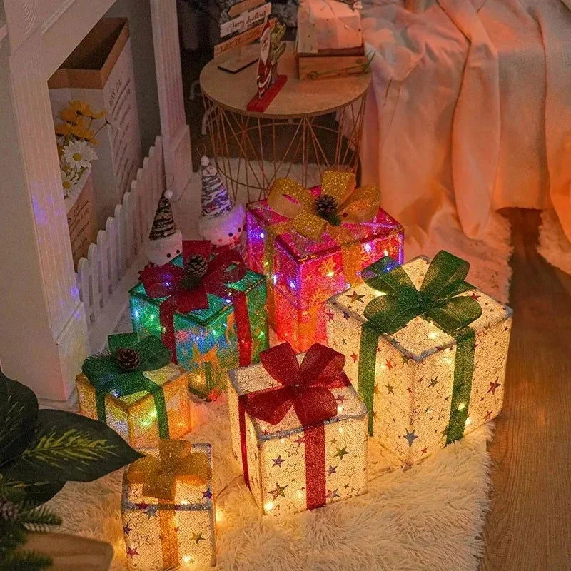 Caixa de Presente Iluminada com Laço para Decoração de Natal