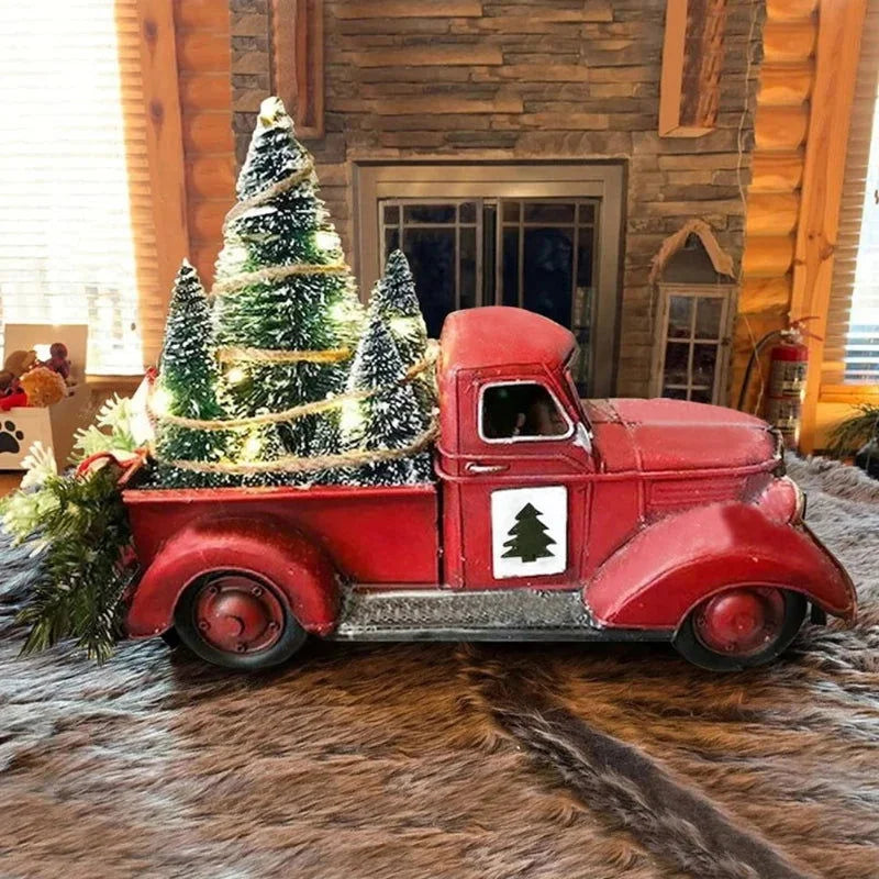Caminhão de Natal Vermelho com Luzes LED e Ornamento em Resina