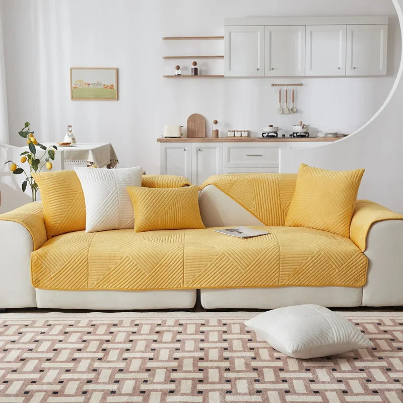 Capa para Sofá Antiderrapante em Veludo Cristal Amarelo