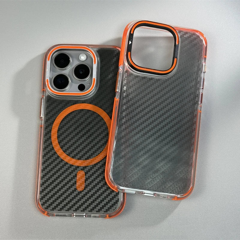 Capinha Transparente para iPhone com Fibra de Carbono e Suporte para Carregamento MagSafe
