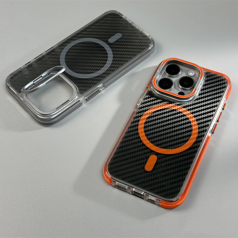 Capinha Transparente para iPhone com Fibra de Carbono e Suporte para Carregamento MagSafe