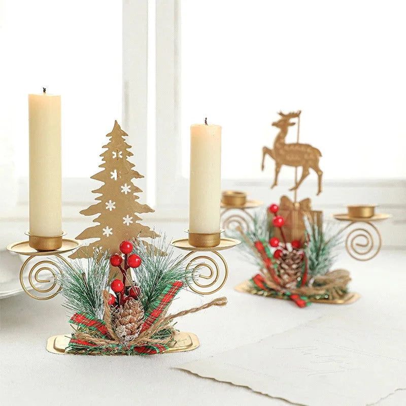 Castiçal de Ferro Dourado com Decoração de Papai Noel e Rena para Natal