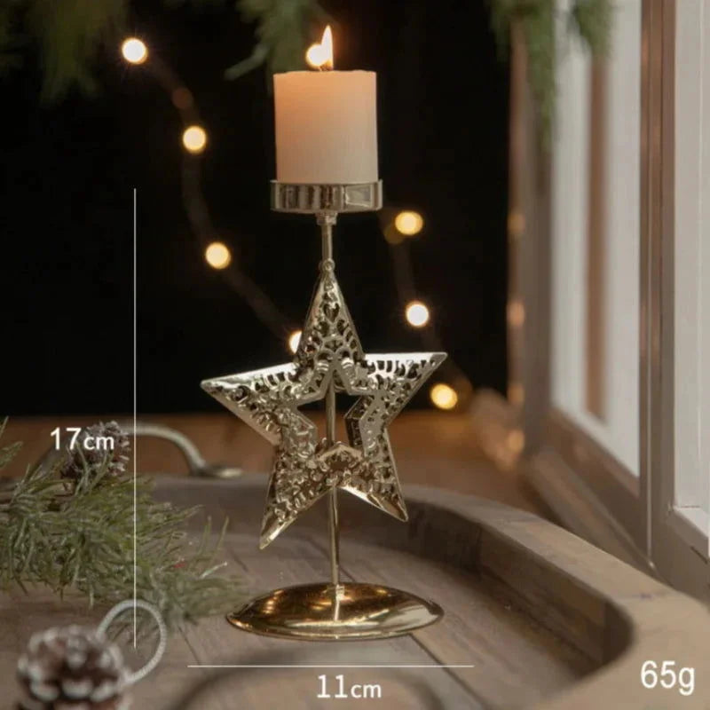 Castiçal de Ferro Dourado com Estrela e Rena para Decoração de Natal