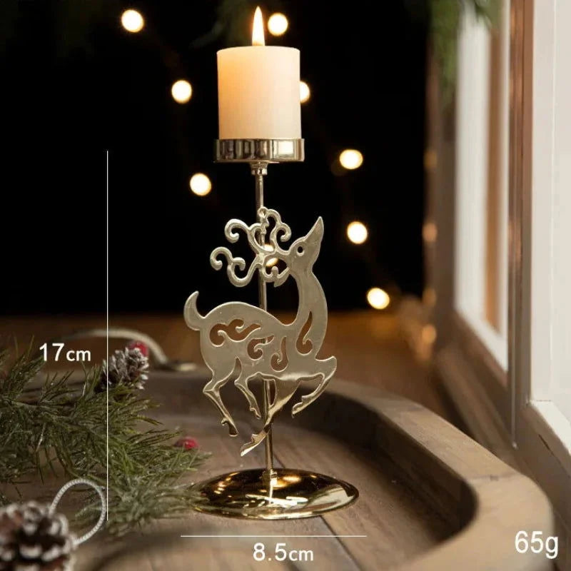 Castiçal de Ferro Dourado com Estrela e Rena para Decoração de Natal