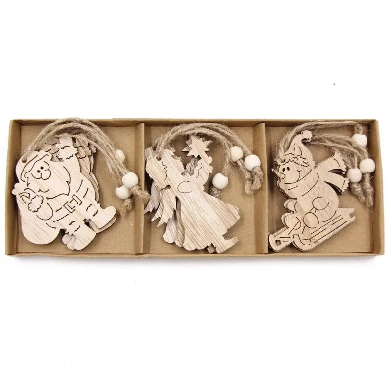 Conjunto de 12 Pingentes Rústicos de Madeira para Árvore de Natal