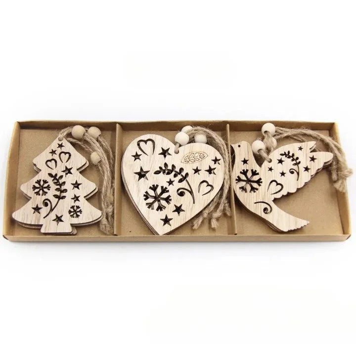 Conjunto de 12 Pingentes Rústicos de Madeira para Árvore de Natal