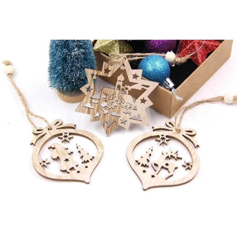 Conjunto de 12 Pingentes Rústicos de Madeira para Árvore de Natal