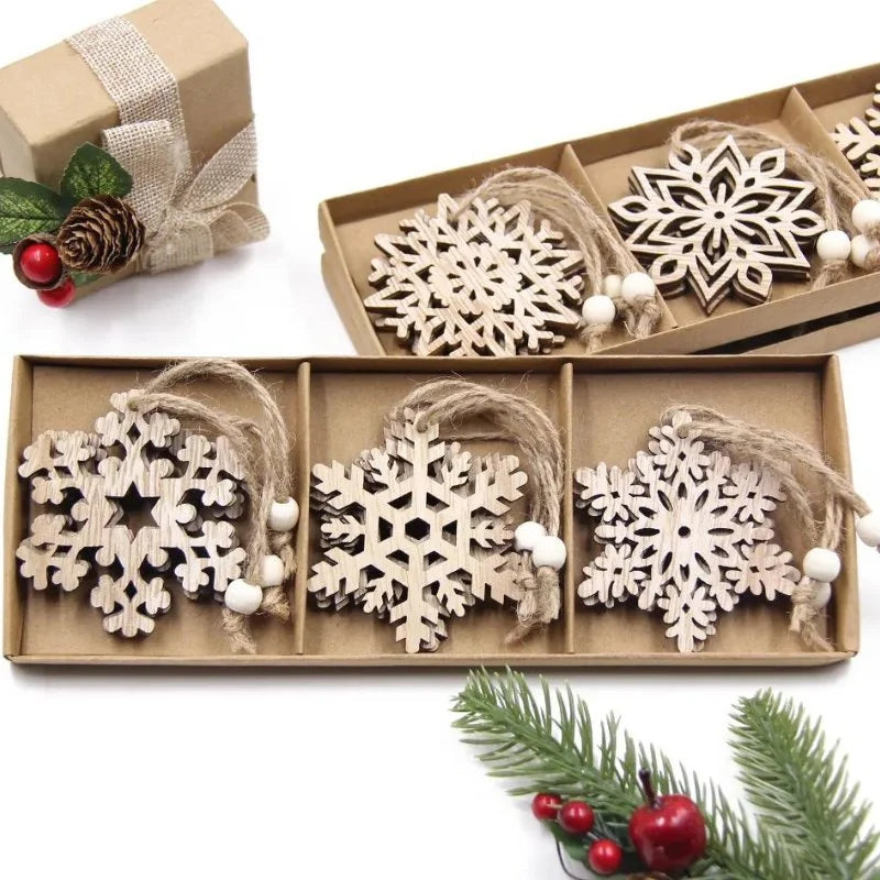 Conjunto de 12 Pingentes Rústicos de Madeira para Árvore de Natal