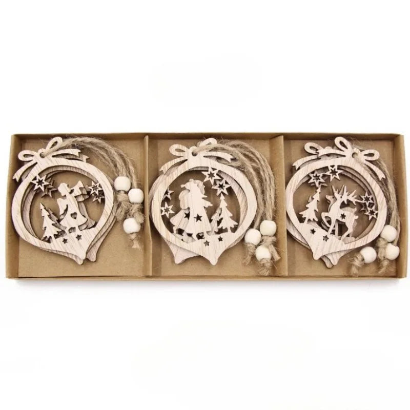 Conjunto de 12 Pingentes Rústicos de Madeira para Árvore de Natal