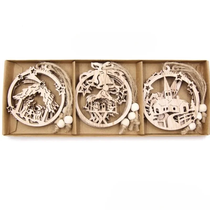 Conjunto de 12 Pingentes Rústicos de Madeira para Árvore de Natal