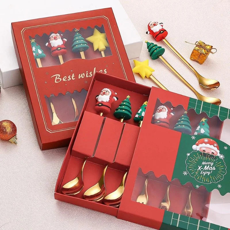 Conjunto de Talheres de Aço Inox Decorativos para Mesa de Natal - 4 Peças