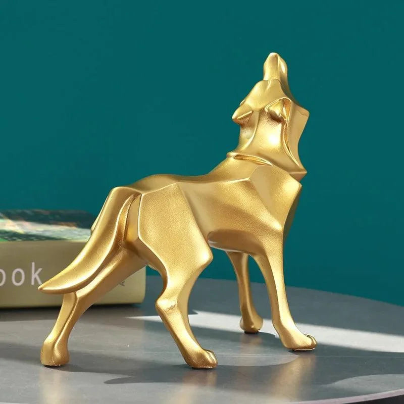 Estátua de Lobo Geométrico em Resina no Estilo Nórdico