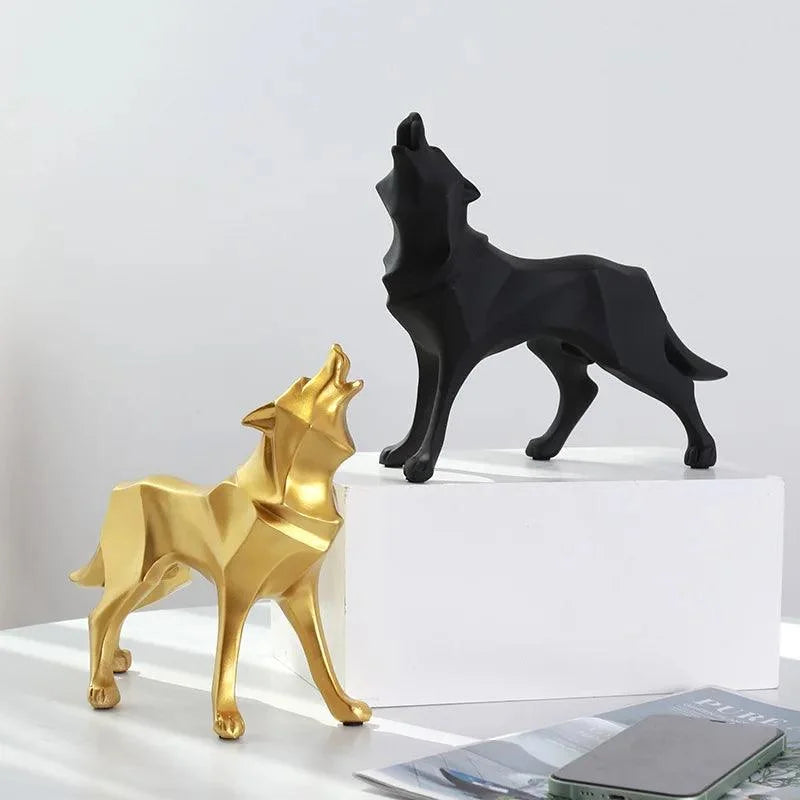 Estátua de Lobo Geométrico em Resina no Estilo Nórdico