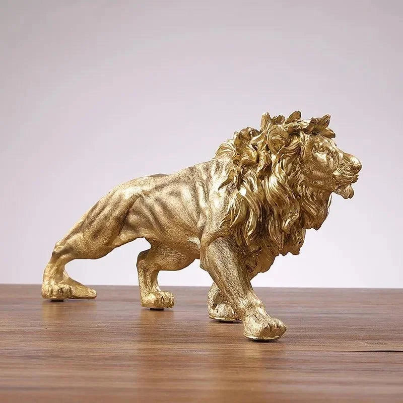 Estátua Decorativa de Leão Dourado em Resina para Ambientes