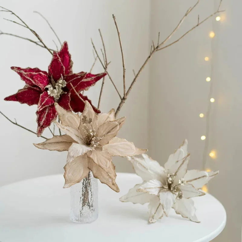 Flor Decorativa Natalina Flanela Dourada para Arranjos e Árvore de Natal