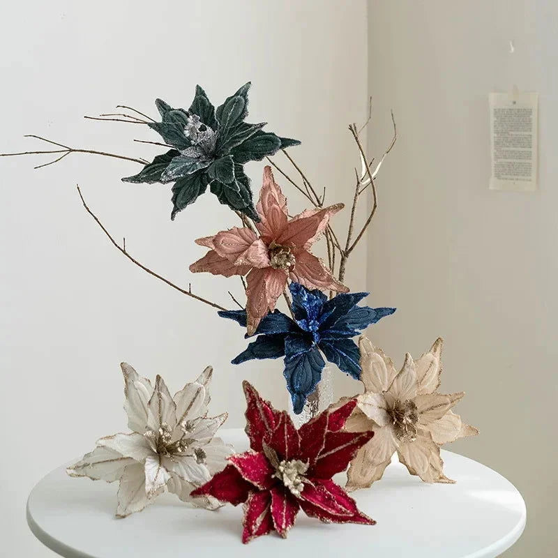 Flor Decorativa Natalina Flanela Dourada para Arranjos e Árvore de Natal