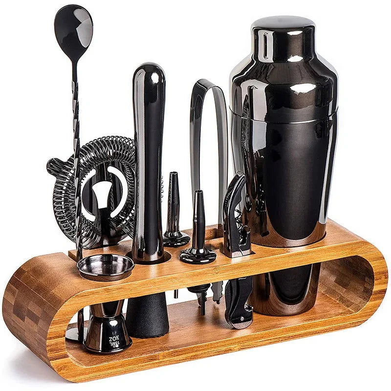 Kit Bartender 10 Peças Aço Inox com Suporte de Bambu - Acessórios de Coquetel Completo