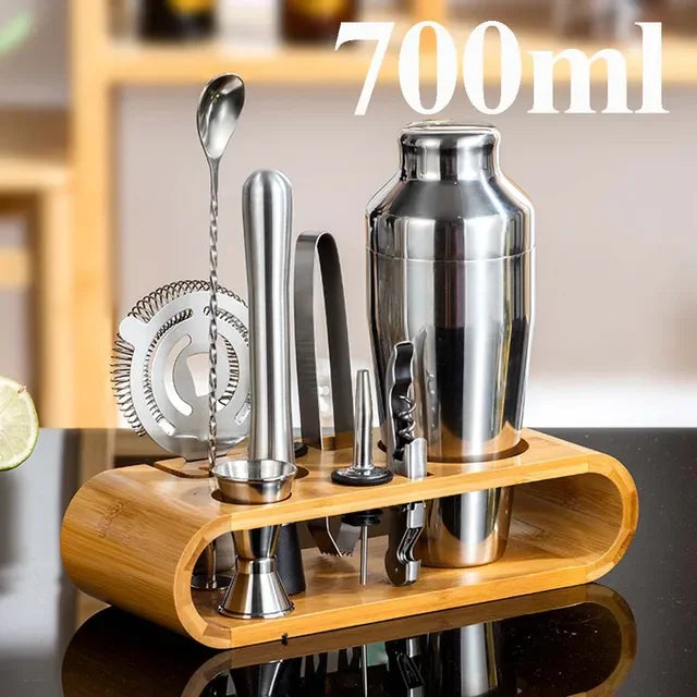 Kit Bartender 10 Peças Aço Inox com Suporte de Bambu - Acessórios de Coquetel Completo