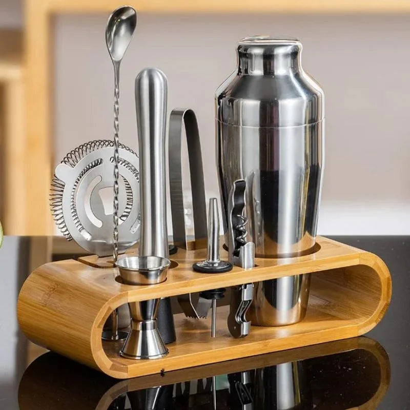 Kit Bartender 10 Peças Aço Inox com Suporte de Bambu - Acessórios de Coquetel Completo