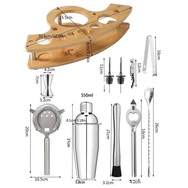 Kit de Bartender em Aço Inoxidável com Shaker e Ferramentas de Coquetel