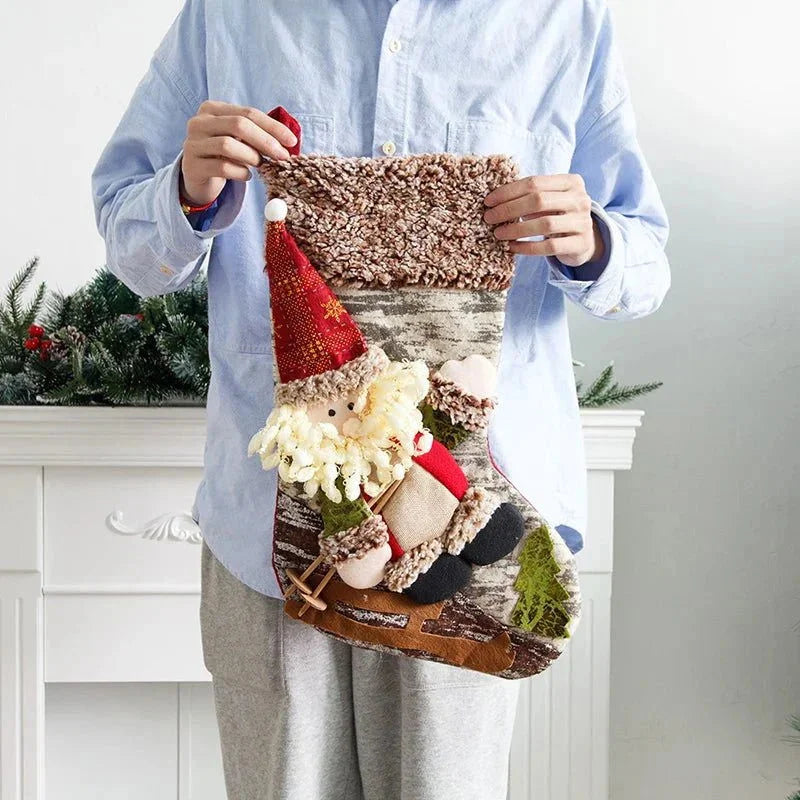 Meia Natalina Decorativa de Cânhamo e Flanela para Lareira - 48cm