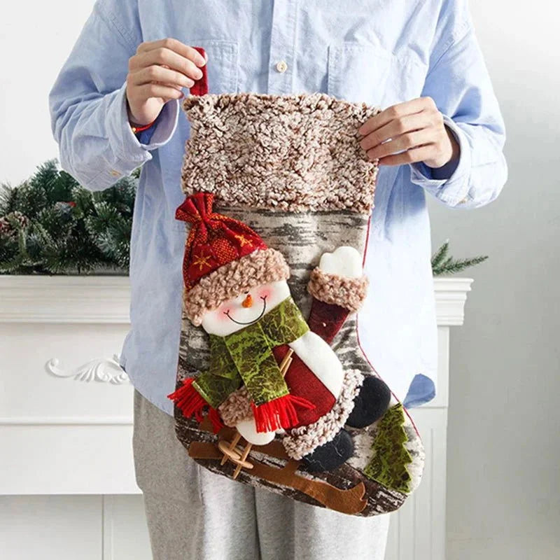 Meia Natalina Decorativa de Cânhamo e Flanela para Lareira - 48cm