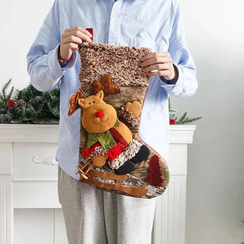 Meia Natalina Decorativa de Cânhamo e Flanela para Lareira - 48cm