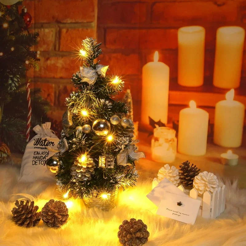 Mini Árvore de Natal LED com Enfeites e Agulhas de Pinheiro – Decoração Festiva