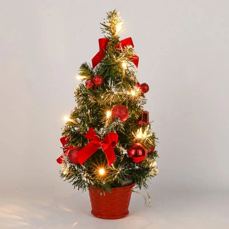 Mini Árvore de Natal LED com Enfeites e Agulhas de Pinheiro – Decoração Festiva
