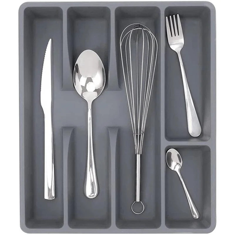 Organizador de Talheres Cinza com 5 Divisórias para Gavetas de Cozinha