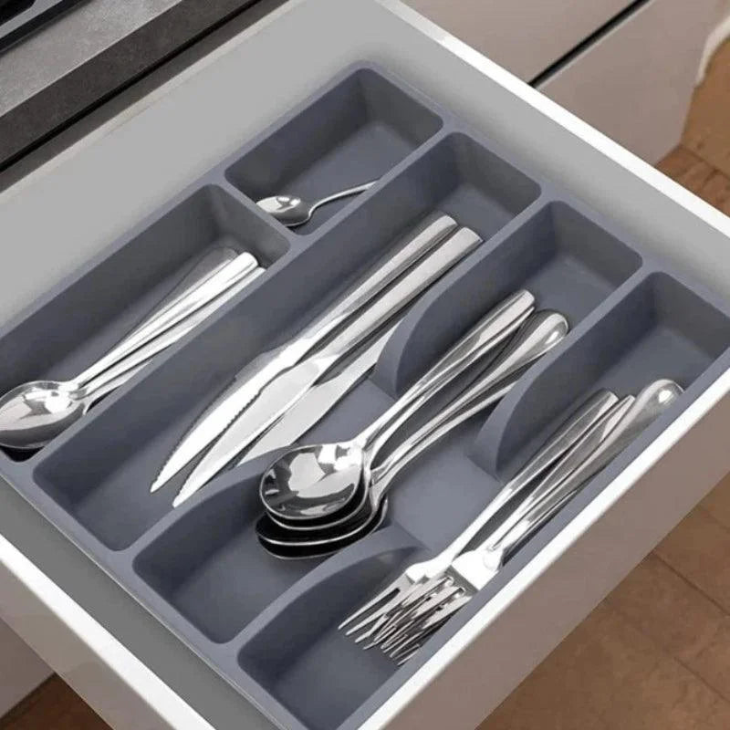 Organizador de Talheres Cinza com 5 Divisórias para Gavetas de Cozinha