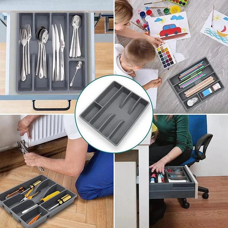 Organizador de Talheres Cinza com 5 Divisórias para Gavetas de Cozinha