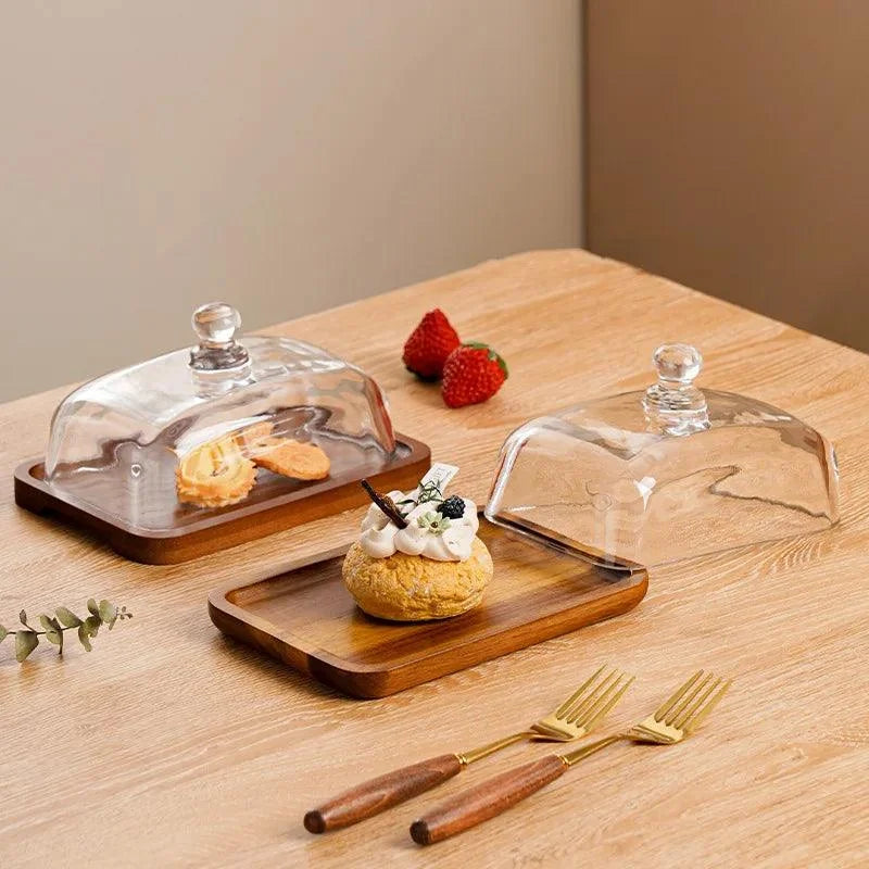 Prato de Madeira com Tampa de Vidro para Servir Queijo e Petiscos
