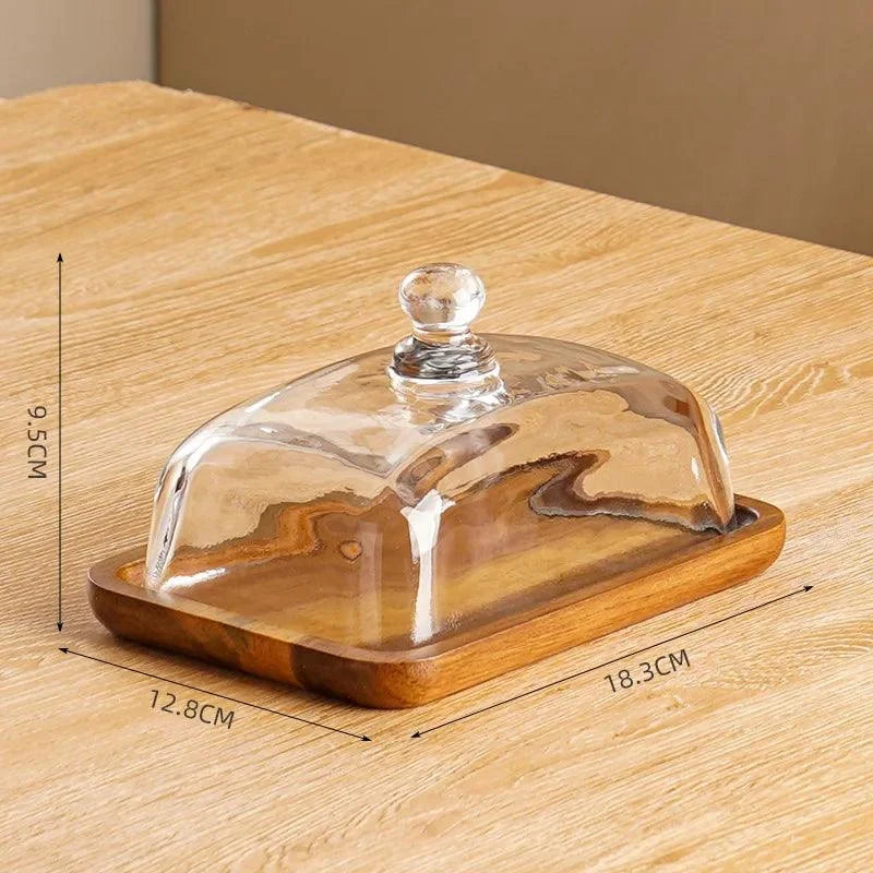 Prato de Madeira com Tampa de Vidro para Servir Queijo e Petiscos