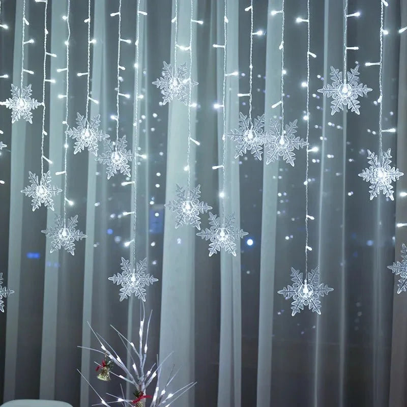 Varal de Luzes LED Flocos de Neve com 8 Modos de Iluminação Decorativa
