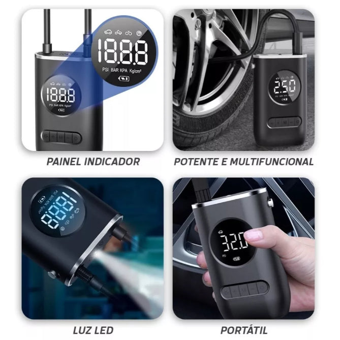 Mini Compressor de Ar Portátil Recarregável Digital USB com Calibrador de Pneus