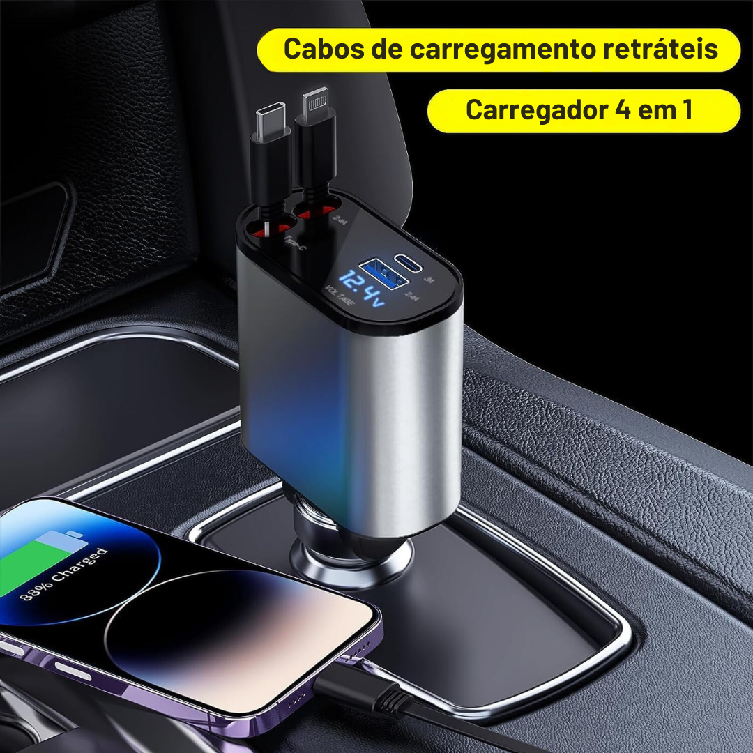 TurboCharger Pro - Carregador veicular Turbo 4 em 1 de 100W com display de voltagem