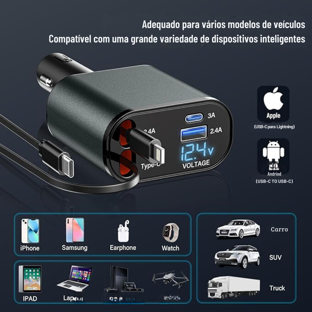 Carregador veicular turbo 4 em 1 de 100W com cabo retrátil para IPhone e Android