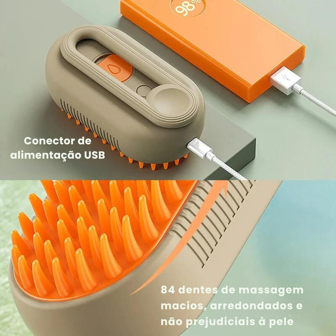 Escova a vapor para pet, higieniza, massageia e remove os pelos