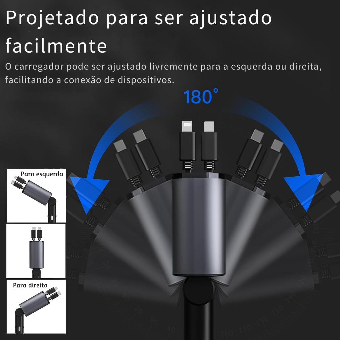 Carregador veicular turbo 4 em 1 de 100W com cabo retrátil para IPhone e Android