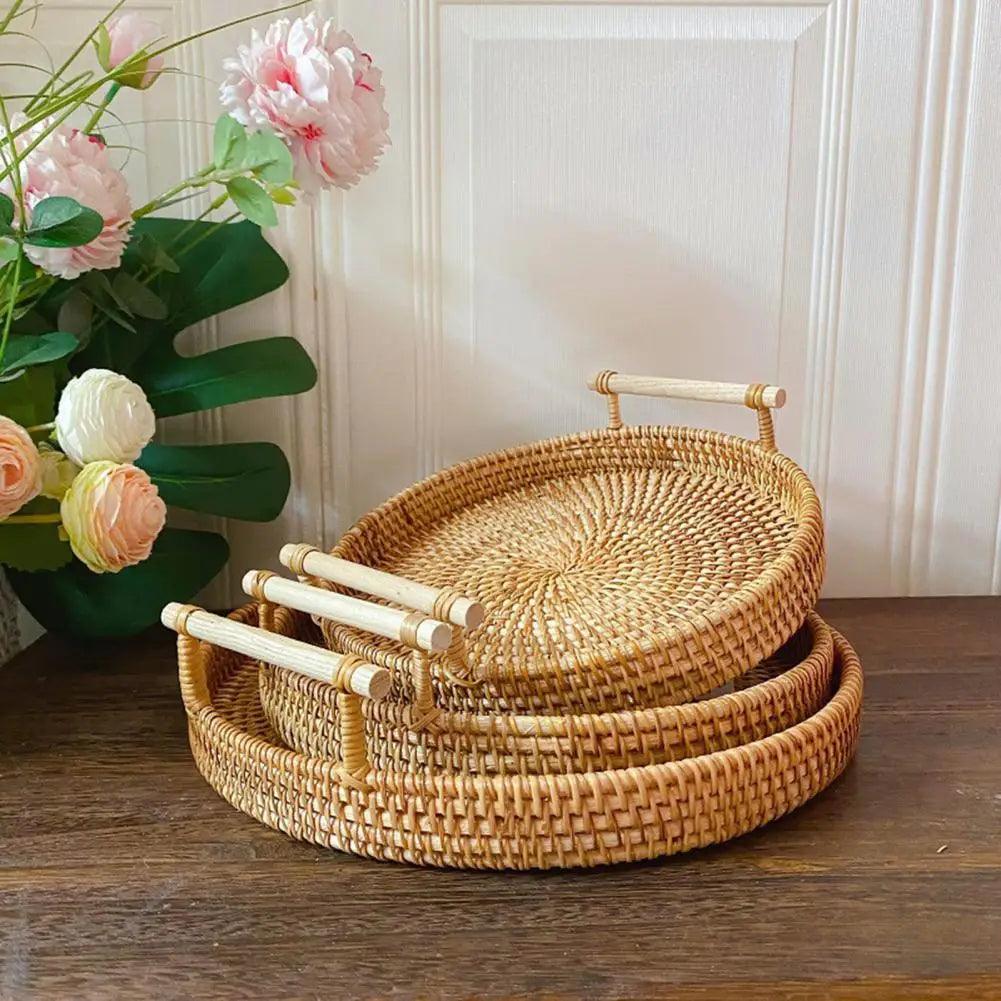 Bandeja Decorativa Redonda de Rattan para Cantinho do Café