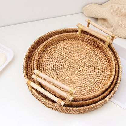 Bandeja Decorativa Redonda de Vime e Rattan Artesanal