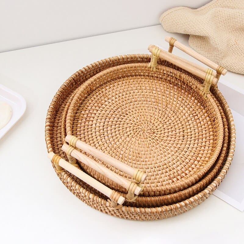 Bandeja Decorativa Redonda de Vime e Rattan Artesanal