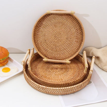 Bandeja Decorativa Redonda de Vime e Rattan Artesanal