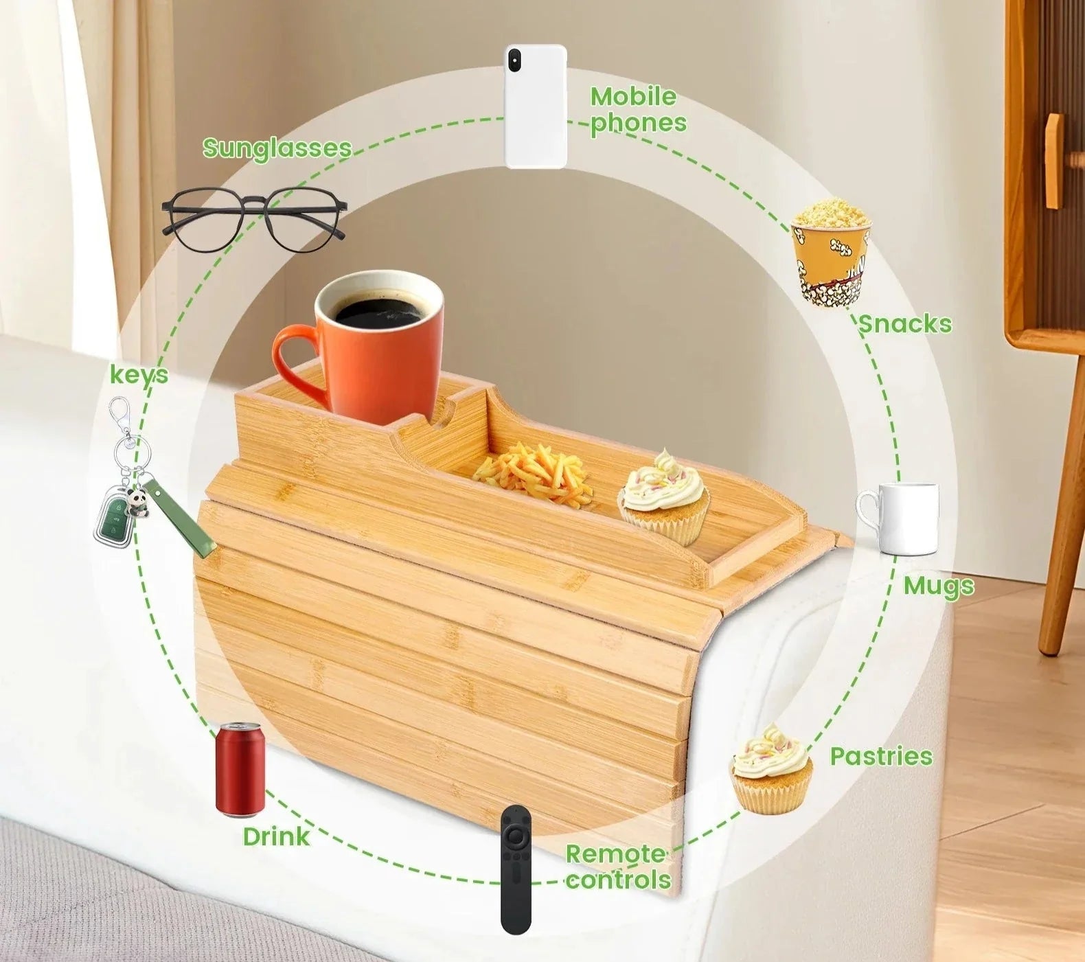 Bandeja Lateral Dobrável para Sofá em Bambu Natural - Prática e Estilosa