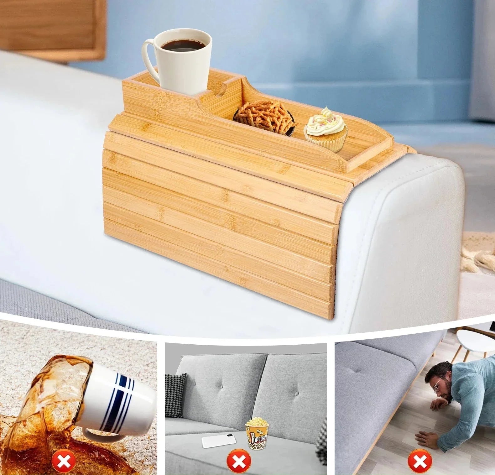 Bandeja Lateral Dobrável para Sofá em Bambu Natural - Prática e Estilosa