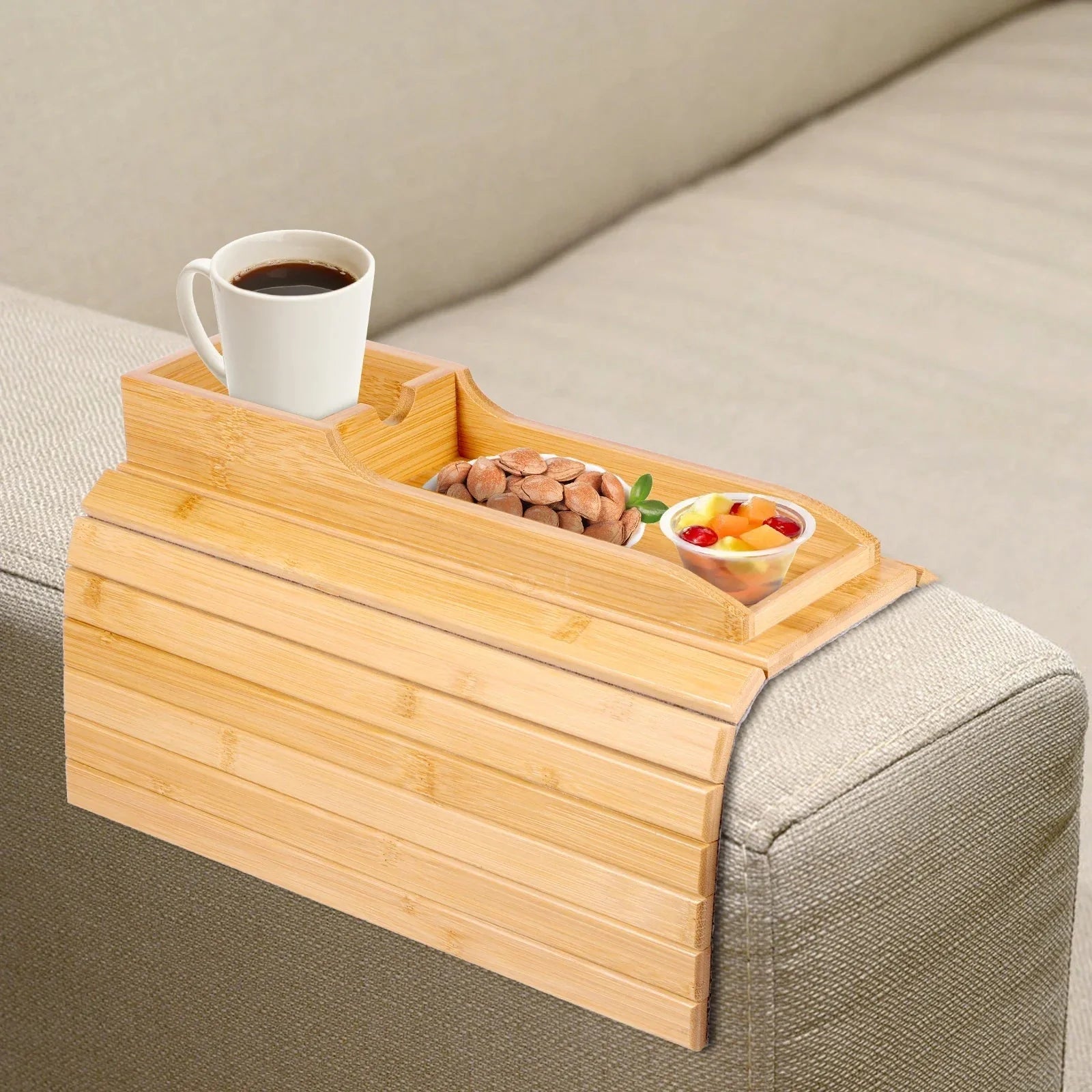 Bandeja Lateral Dobrável para Sofá em Bambu Natural - Prática e Estilosa